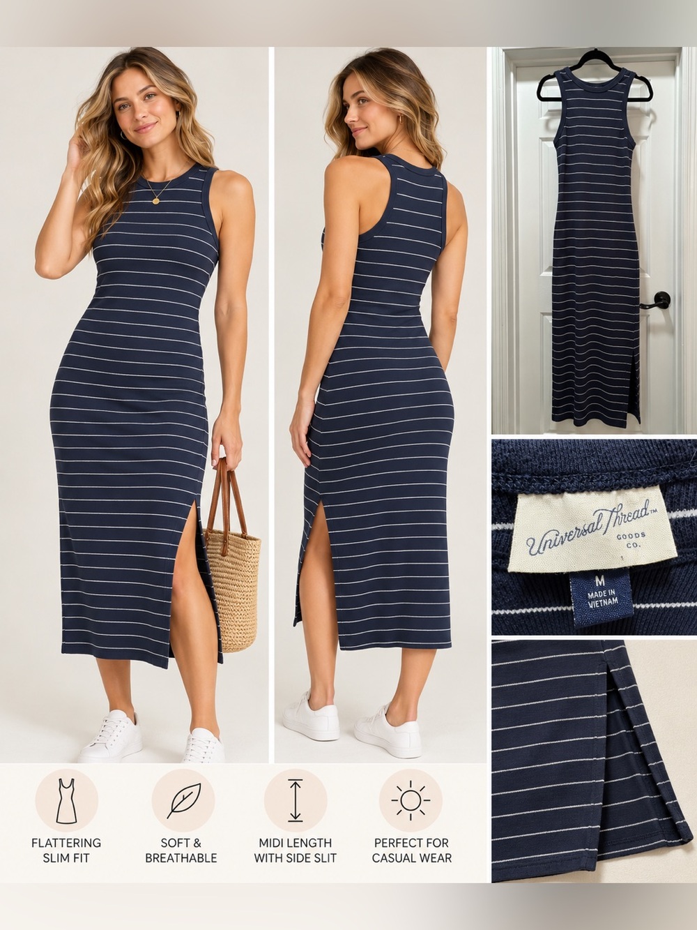 Universal Thread Navy White Stripe Ribbed Midi Tank Dress Side Slit Size M